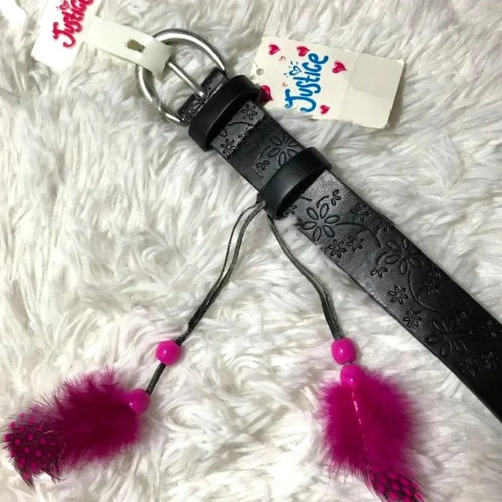 Justice Hot Pink Feather Floral Embossed Faux Leather Black Belt